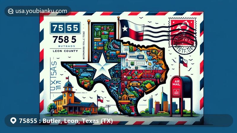 Modern illustration of Butler, Leon County, Texas, reminiscent of a postcard or air mail envelope, highlighting ZIP code 75855 with vibrant map, Texas state flag, post elements, and local landmarks.