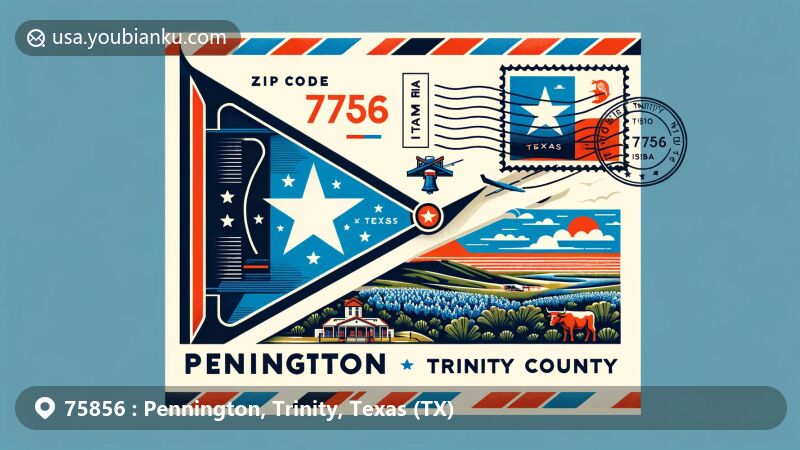 Modern illustration of Pennington, Trinity County, Texas, designed as an air mail envelope with Texas state flag, Trinity County map, and iconic Pennington landmark. Features postal theme with ZIP code 75856 and vintage postage stamp.