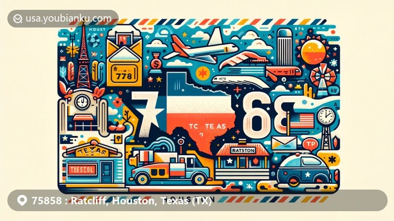 Modern illustration of Ratcliff, Houston County, Texas, with postal theme including ZIP code 75858, showcasing postcard aesthetics with postage stamp, postmark, mailbox, and mail vehicle, featuring Texas state flag and Houston County outline.