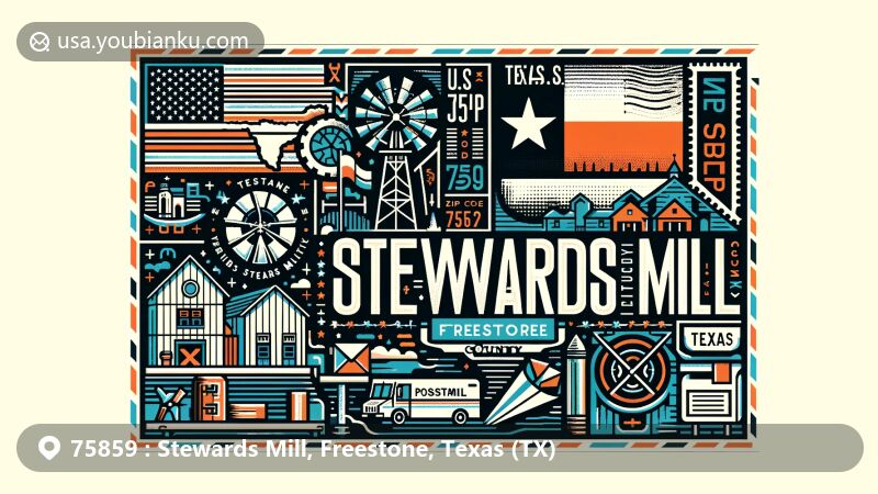 Modern illustration of Stewards Mill, Freestone County, Texas, showcasing postal theme with ZIP code 75859, integrating Texas state flag, Freestone County outline, and a local landmark.