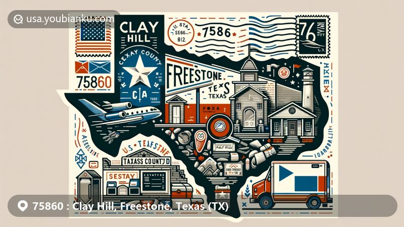 Modern illustration of Clay Hill, Freestone County, Texas, showcasing postal theme with ZIP code 75860, featuring Texas state symbols and recognizable landmarks.
