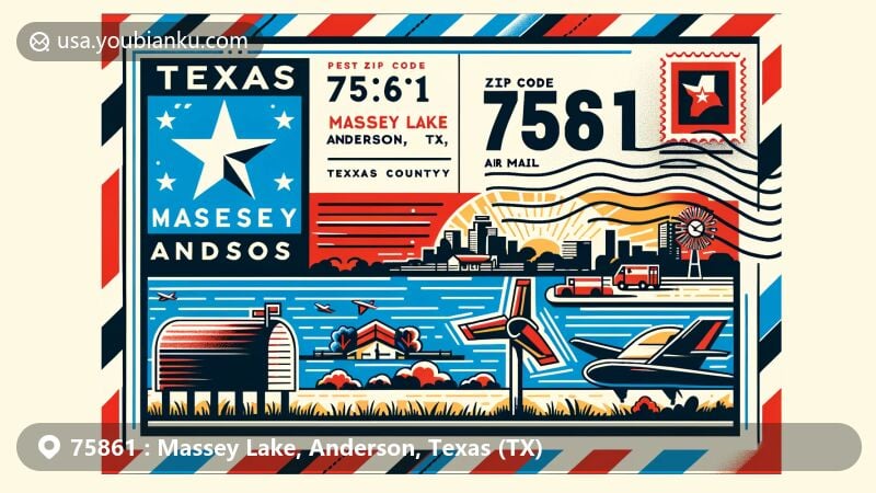 Modern illustration of Massey Lake, Anderson, Texas (TX), showcasing postal theme with ZIP code 75861, featuring Texas state flag, Anderson County outline, iconic Texas landmarks and cultural symbols.
