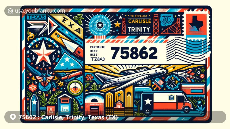 Creative illustration for ZIP code 75862, Carlisle, Trinity, Texas, featuring postcard with Texas state symbols and local elements like landmarks or cultural symbols.