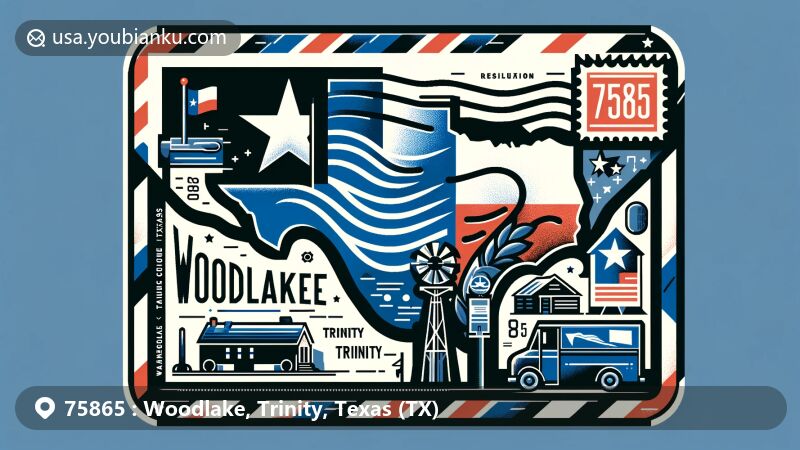 Modern illustration of Woodlake, Trinity, Texas, featuring postal theme with ZIP code 75865, showcasing Texas state flag, Trinity County's map silhouette, and unique local symbol, including postage stamp, postmark, mailbox, and postal van.