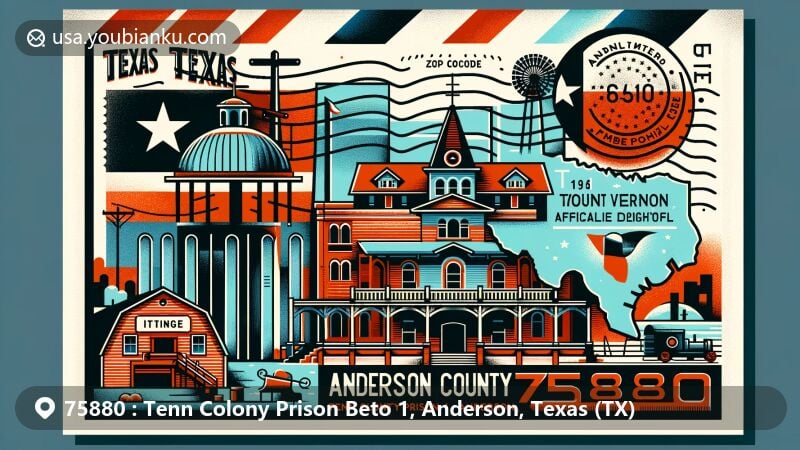 Modern illustration of Tenn Colony Prison Beto 1, Anderson, Texas, with ZIP code 75880, featuring iconic landmarks like the Anderson County Courthouse, Gatewood-Shelton Gin, and Mount Vernon African Methodist Episcopal Church.
