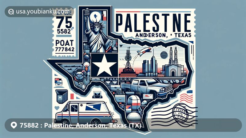 Modern illustration of Palestine, Anderson County, Texas, highlighting postal theme with ZIP code 75882, featuring iconic landmarks, Texas state symbols, and creative postal elements.