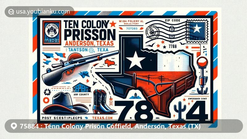Modern illustration of Tenn Colony Prison Coffield, Anderson County, Texas, with postal theme for ZIP code 75884, featuring Texas state flag and iconic symbols like cowboy hat and boots.