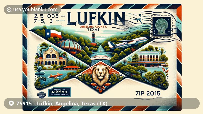 Modern illustration of Lufkin, Angelina County, Texas, showcasing postal theme with ZIP code 75915, featuring landmarks like the Ellen Trout Zoo and Pines Theater.
