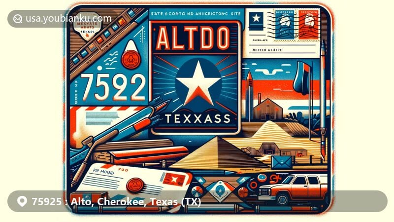 Modern illustration of Alto, Cherokee County, Texas, highlighting ZIP code 75925, featuring a stylized postcard with 'Alto, Texas' text, Caddo Mounds State Historic Site imagery, Texas state flag, vintage stamp, postmark, and postal elements.