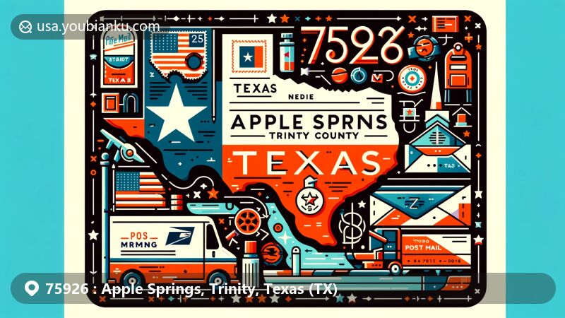 Modern illustration of Apple Springs, Trinity County, Texas, with ZIP code 75926, resembling a postcard or air mail envelope, featuring Texas state flag and postal elements.