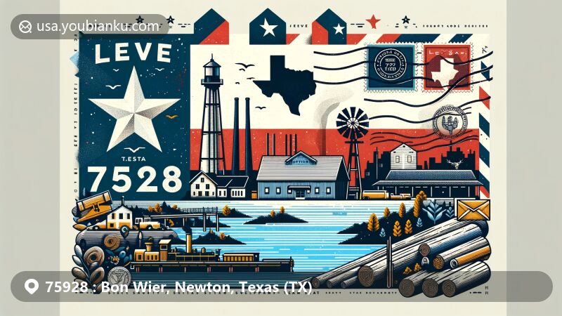 Modern illustration of Bon Wier, Newton County, Texas, featuring postal theme with ZIP code 75928, highlighting Sabine River and Texas state symbols.