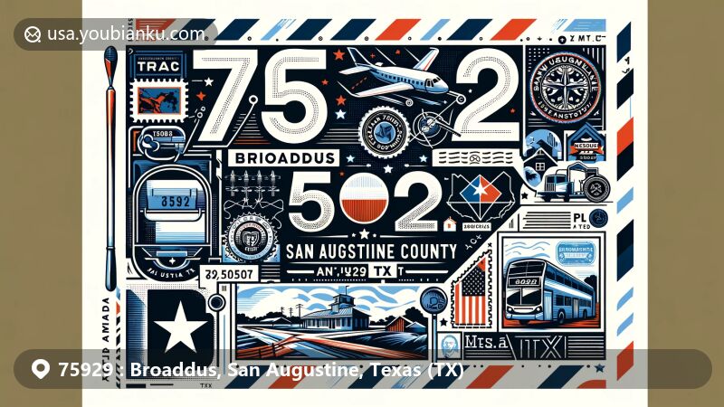 Modern illustration of Broaddus, San Augustine County, Texas, highlighting postal theme with ZIP code 75929, showcasing Texas state flag and San Augustine County map.