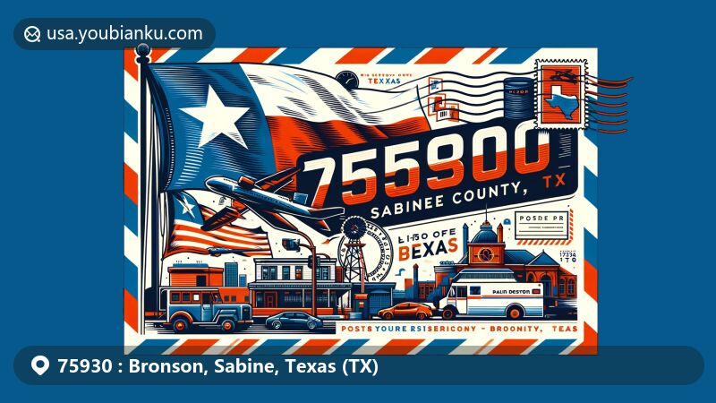 Modern illustration of Bronson, Sabine County, Texas, showcasing postal theme with ZIP code 75930, featuring Texas state flag and Bronson landmarks.