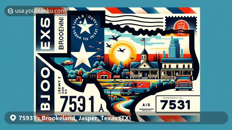 Modern illustration of Brookeland, Jasper County, Texas, featuring Texas state flag, silhouette of Jasper County, local landmarks, and postal elements like stamp, postmark, ZIP code 75931.