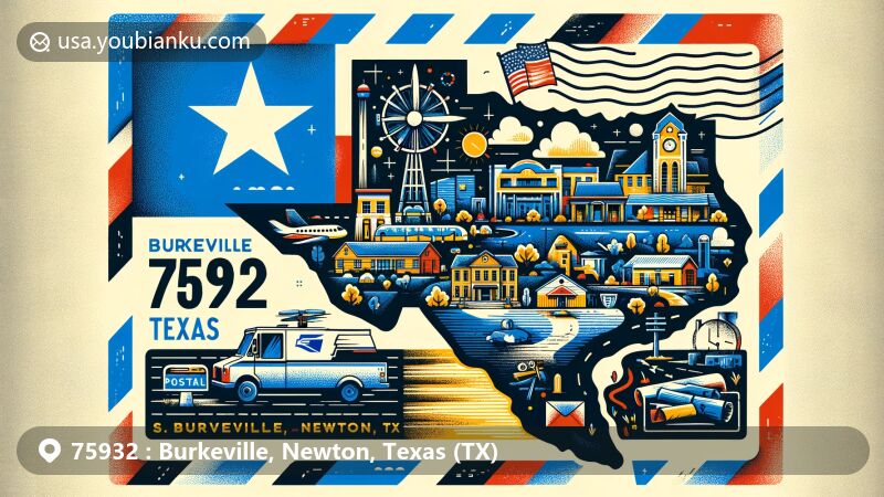 Modern illustration of Burkeville and Newton, Texas, for ZIP code 75932, featuring Texas state flag, Newton County outline, and cultural elements, with postal theme including stamp, postmark, ZIP Code, mailbox, and postal vehicle.