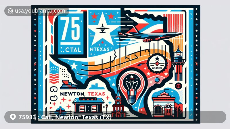 Modern illustration of Call, Newton County, Texas, showcasing airmail theme with ZIP code 75933, featuring Texas state flag and key local landmark.