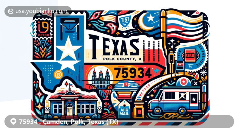 Contemporary illustration of Camden, Polk County, Texas, embodying postal essence for ZIP code 75934, showcasing Texas state flag, Polk County outline, and local cultural icon.