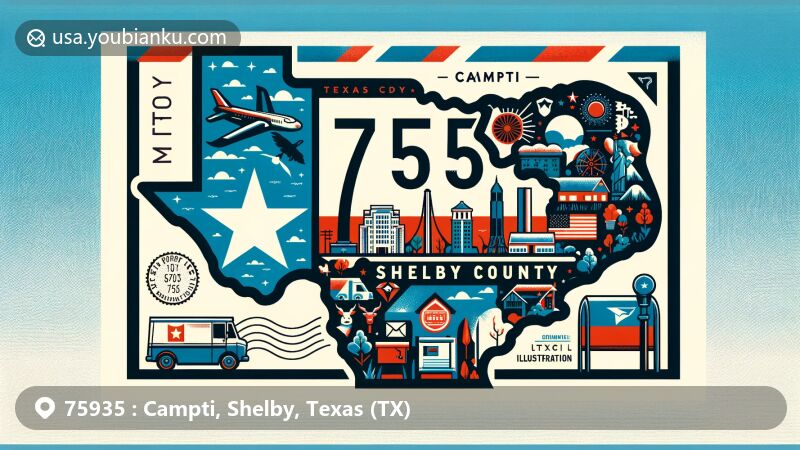 Modern illustration of Campti, Shelby County, Texas, showcasing postal theme with ZIP code 75935, featuring Texas state flag, Shelby County silhouette, and local cultural elements.