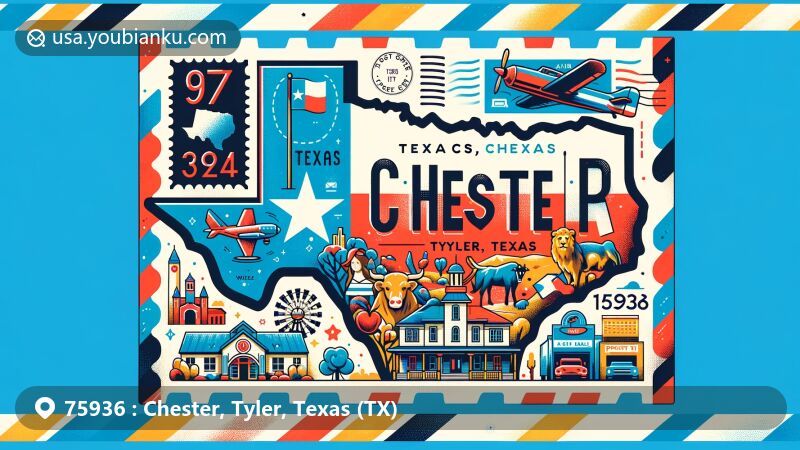 Modern illustration of Chester, Tyler, Texas, showcasing postal theme with ZIP code 75936, featuring Texas state flag, Tyler County outline, and iconic symbols of Chester.