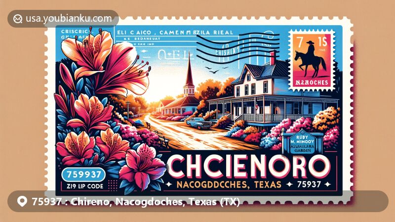 Modern illustration of Chireno, Nacogdoches County, Texas, showcasing El Camino Real and the Ruby M. Mize Azalea Garden, with a postal theme and ZIP code 75937.