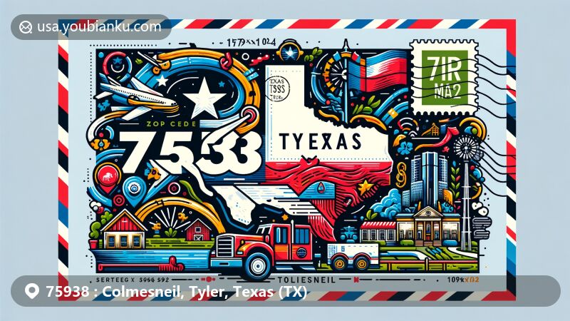 Modern illustration of Colmesneil, Tyler, Texas, featuring postal theme with ZIP code 75938, incorporating Texas state symbolism and landmarks of Colmesneil, including Tyler county outline.