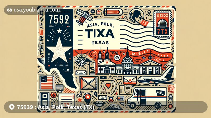 Modern illustration of Zip Code 75939, Asia, Polk County, Texas, featuring iconic Texas symbols like the state flag and Polk County outline, along with postal elements like postage stamp, postmark, 'ZIP Code 75939', mailbox, and mail truck.