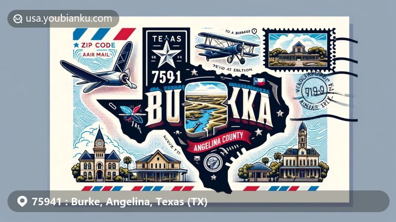 Modern illustration of Burke, Angelina County, Texas, highlighting ZIP code 75941 with iconic landmarks and postal theme.