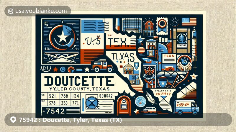 Creative illustration of Doucette, Tyler County, Texas, depicted in a postcard shape for ZIP code 75942, showcasing Texas state symbols, Tyler County outline, and iconic landmarks. Includes vintage postcard elements like a postage stamp, postmark, and classic mailbox or mail truck.