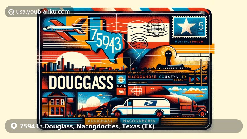 Modern illustration of Douglass, Nacogdoches County, Texas, with focus on ZIP code 75943, featuring postcard and air mail envelope, stylized representations of Douglass and Nacogdoches, Texas state flag, silhouette of Nacogdoches County, vintage stamp, postmark, and postal truck.