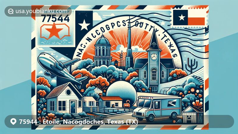 Modern illustration of Etoile, Nacogdoches County, Texas, showcasing postal theme with ZIP code 75944, featuring local landmarks, natural scenery, and cultural icons of the region.