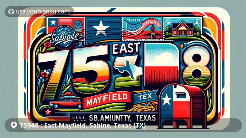 Colorful postcard-style illustration of East Mayfield, Sabine County, Texas, capturing local culture and landmarks, including the Texas state flag, Sabine County shape, and iconic symbols.