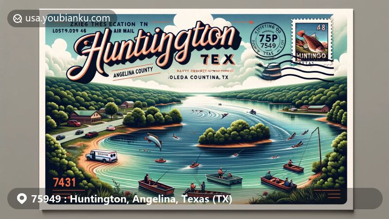 Modern illustration of Huntington, Angelina County, Texas, capturing essence of area with Lake Sam Rayburn and Toledo Bend Reservoir, Angelina National Forest, and postcard design featuring ZIP code 75949 and city name.
