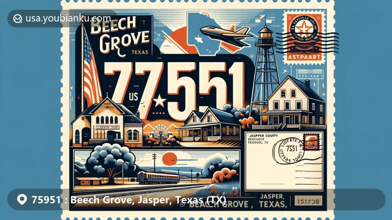 Modern illustration of Beech Grove, Jasper, Texas, showcasing postal theme with ZIP code 75951, featuring Texas state flag, Jasper County outline, and local symbols, set in a vintage-style postcard design.