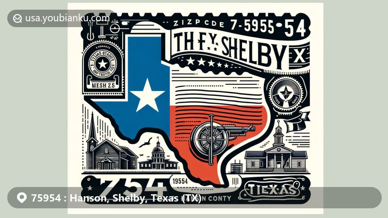 Modern illustration of Hanson, Shelby County, Texas, with ZIP code 75954, showcasing Texas state flag, Shelby County outline, and local culture, designed as a postcard with vintage postage elements.