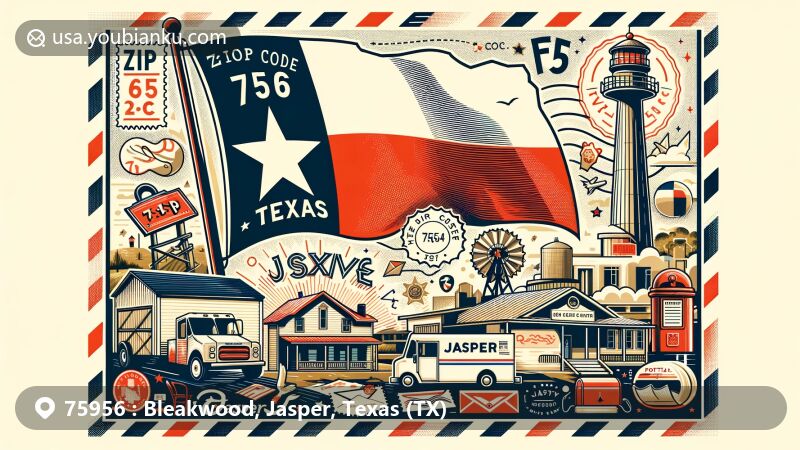 Modern illustration of Bleakwood, Jasper County, Texas, with Texas state flag, Jasper County outline, postal elements, and vintage postcard design, featuring ZIP code 75956.