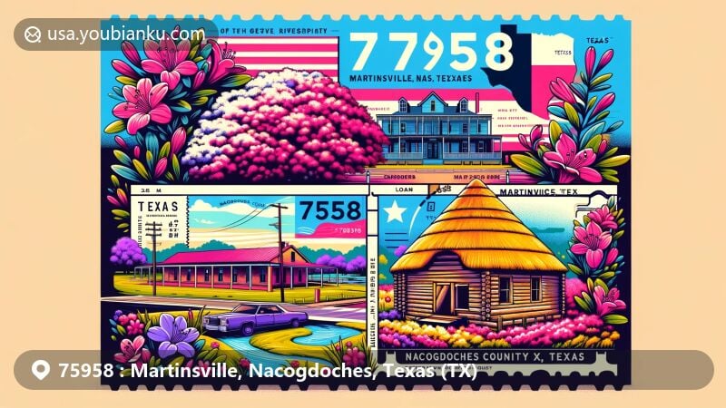 Modern illustration of Martinsville, Nacogdoches, Texas, featuring Ruby M. Mize Azalea Garden, Old Stone Fort Museum, Caddo grass house replica, Texas state flag, and postal theme with ZIP code 75958.