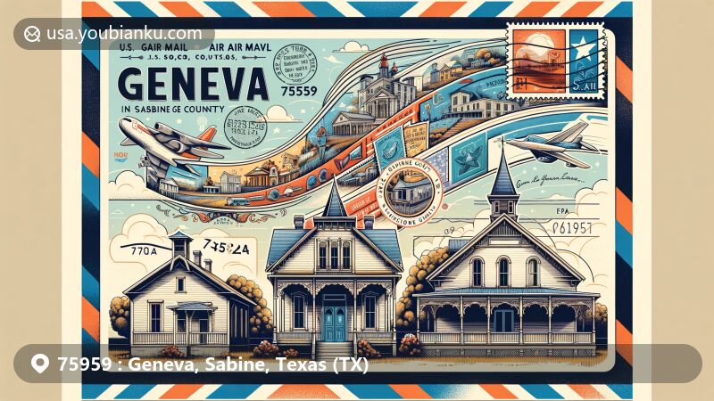 Modern illustration of Geneva, Sabine County, Texas, showcasing historical landmarks like Gaines-Oliphant House and Sabine County Courthouse, creatively incorporating postal theme with ZIP code 75959.