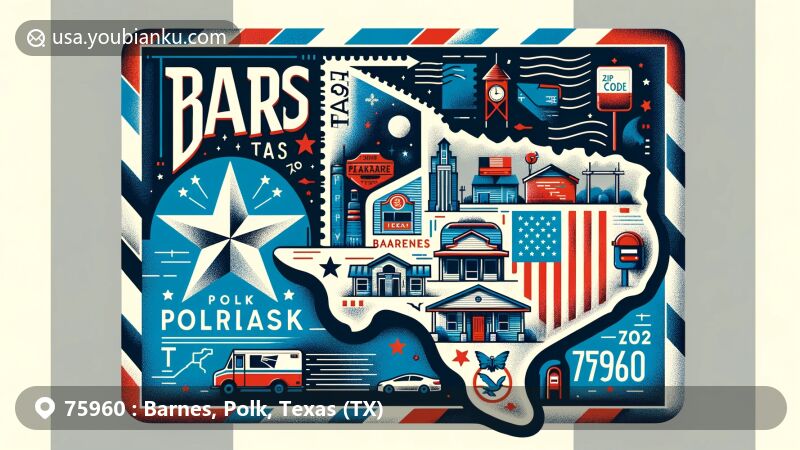 Modern illustration of Barnes, Polk County, Texas, highlighting postal theme with ZIP code 75960, featuring Texas state flag, Polk County outline, and iconic landmarks. Includes stamps, postmark, mailbox, and mail truck.