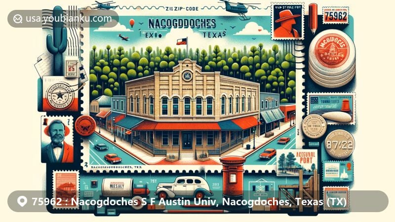 Modern illustration of Nacogdoches, Texas, highlighting ZIP code 75962, featuring Old Stone Fort Museum, downtown area with brick streets, and lush Piney Woods of East Texas.