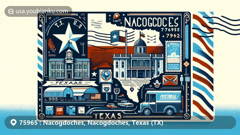 Modern illustration of Nacogdoches, Nacogdoches County, Texas, showcasing postal theme with ZIP code 75965, featuring state flag of Texas, map outline of the county, city landmarks, and postal elements.