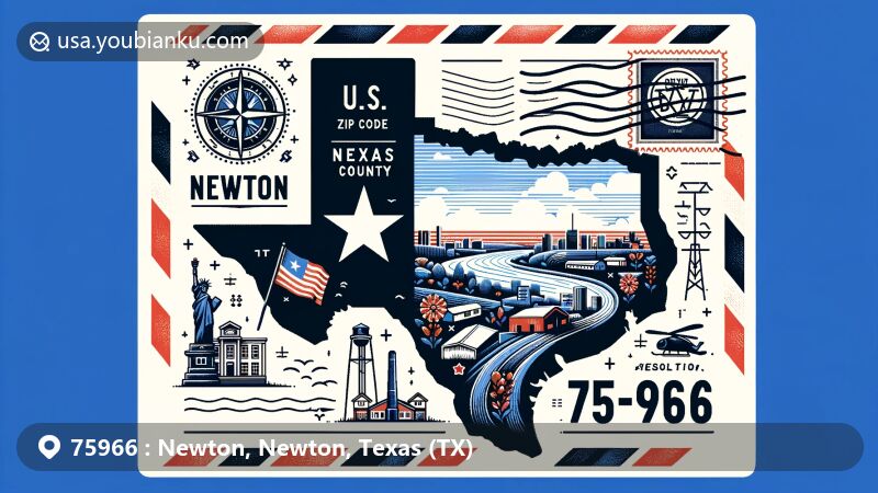 Modern illustration of Newton, Newton County, Texas, resembling a postcard with ZIP code 75966, featuring iconic Texan elements like the state flag, incorporating local landmark, and postal elements.