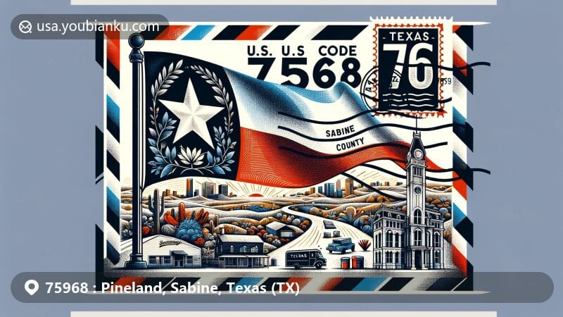 Modern illustration of Pineland, Sabine County, Texas, showcasing postal theme with ZIP code 75968, featuring Texas state flag and Sabine County outline.