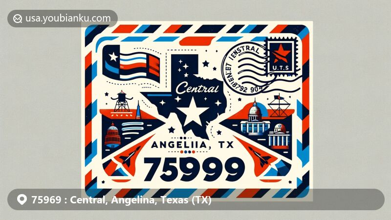 Modern illustration of Central, Angelina, Texas, symbolizing ZIP code 75969 with airmail envelope design, Texas flag, Angelina County outline, and local cultural symbol.