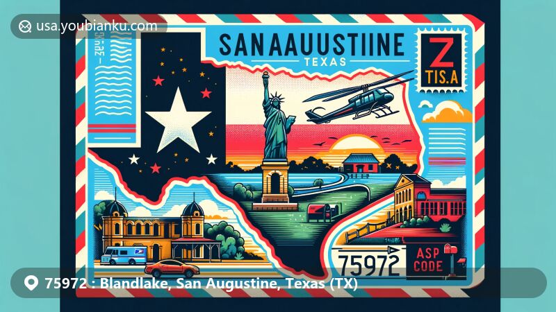Modern illustration of Blandlake, San Augustine, Texas, highlighting Texas state flag, San Augustine County outline, postal elements, and local landmarks.
