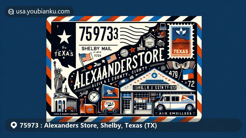 Modern illustration of Alexanders Store, Shelby County, Texas, depicting iconic elements of Texas and Shelby County with air mail envelope and postal theme, including Texas state flag and ZIP code 75973.