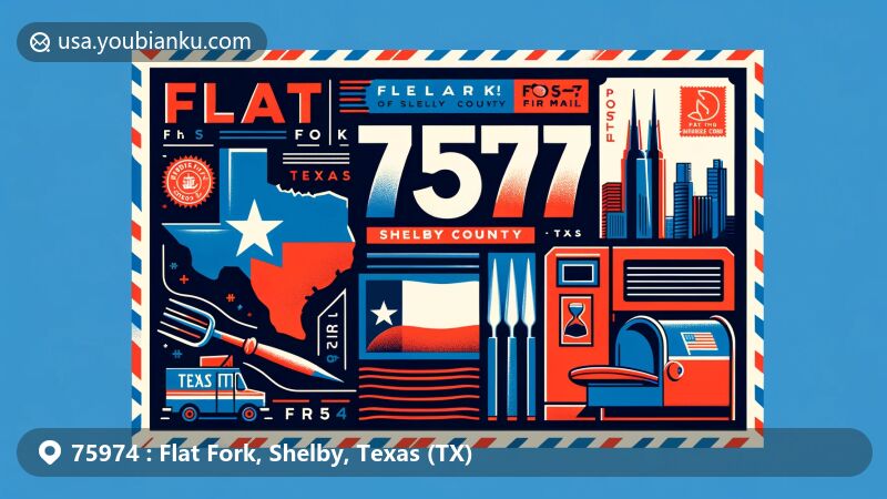 Creative illustration of Flat Fork, Shelby County, Texas, highlighting ZIP code 75974 with Texas state flag, county outline, and local landmark. Postal theme includes stamp, postmark, mailbox, and mail truck.