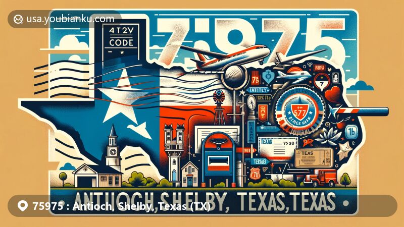 Modern illustration of Antioch, Shelby, Texas (TX), showcasing postal theme with ZIP code 75975, featuring Texas state flag and Shelby County outline.
