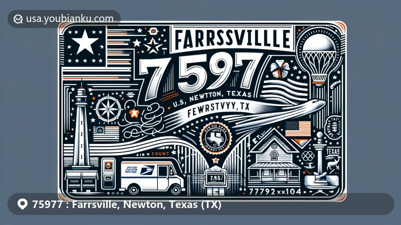 Modern postcard illustration of Farrsville, Newton, Texas (TX) with ZIP code 75977, featuring Texas state flag, Newton County outline, and regional cultural symbols, along with postal elements like stamp, postmark, mailbox, and postal van.