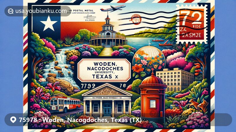 Modern illustration of Woden, Nacogdoches, Texas, showcasing postal theme with ZIP code 75978, featuring Texas state flag, Ruby M. Mize Azalea Garden, Old Stone Fort, Old Nacogdoches University Building, and elements representing Stephen F. Austin State University.
