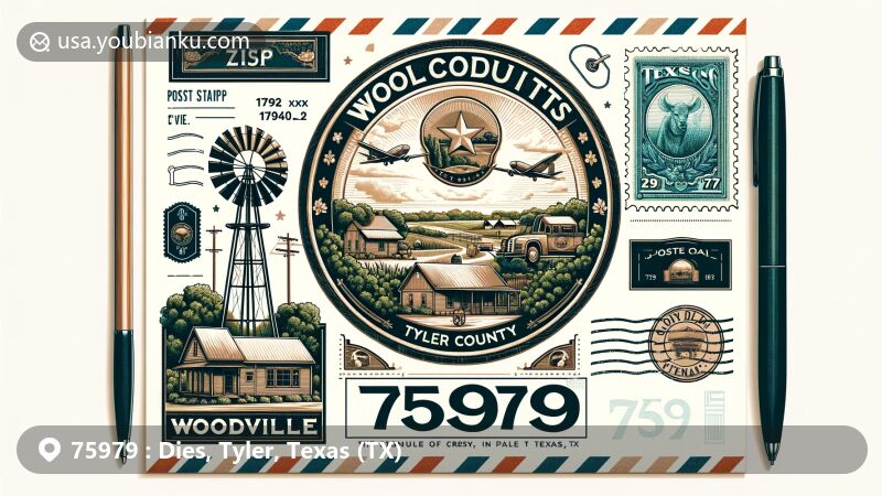 Modern illustration of Woodville, Tyler County, Texas, featuring postcard theme with ZIP code 75979, showcasing rural and natural beauty, white ethnicity, and a close-knit community vibe.